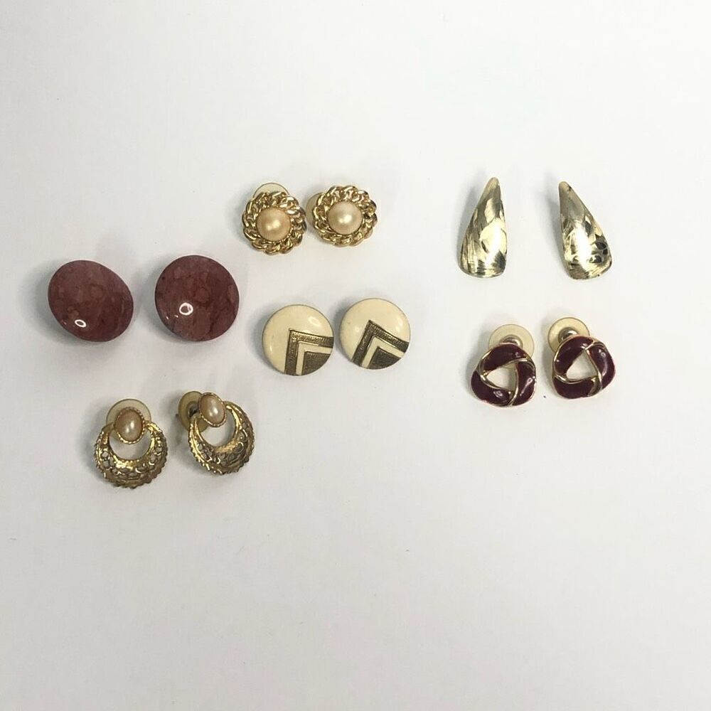 80s 90s red gold white round triangle classic lot of 6 earrings pierced grandma